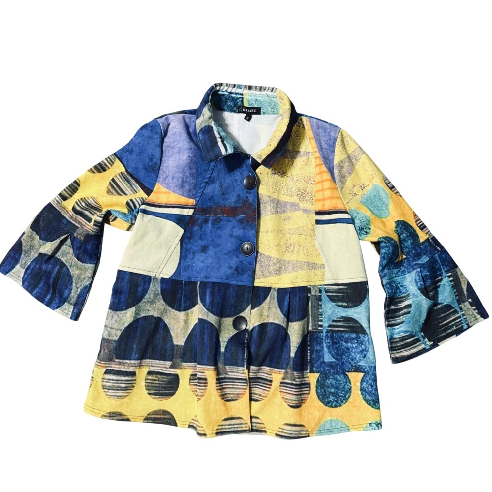 Damee Art To Wear Jacket Blue Yellow Abstract Indie Artsy Electric Grandpa Mediu
